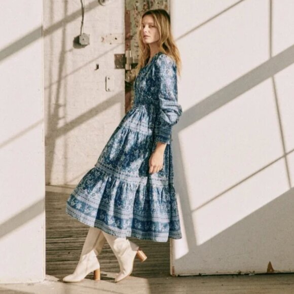 NWT Sézane x Sea NY Blandine Dress Floral Blue Dress 38 8 white long sleeve - Picture 11 of 12